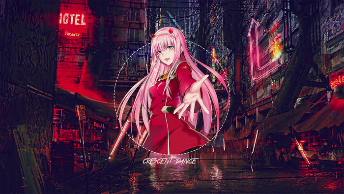 Zero Two from Darling in the FranXX in a neon city