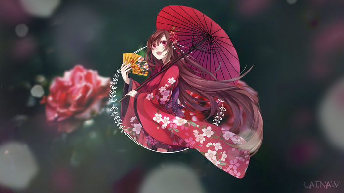Anime girl in kimono with umbrella and fan