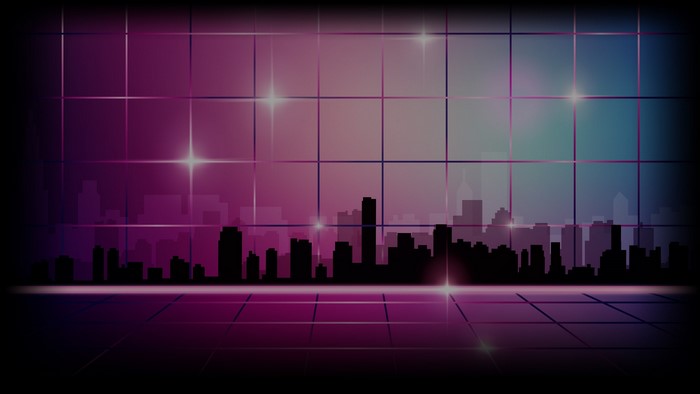 Retro Cityscape with Neon Grid and Stars