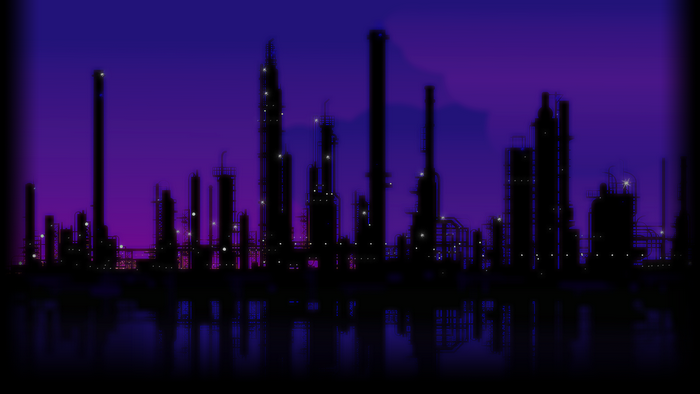 Industrial refinery at night with purple sky and reflections