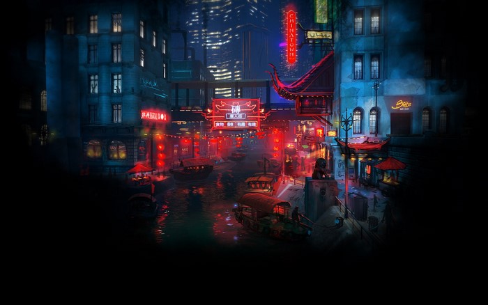 Cyberpunk Chinatown canal with neon lights and boats