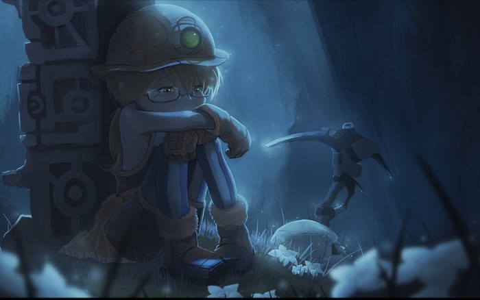 Riko from Made in Abyss sitting by a stone pillar
