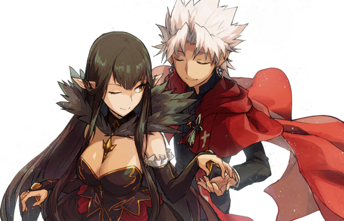 foragte ledsager dyr 995025 Fate/Apocrypha, black hair, Assassin of Red (Semiramis) (Fate/Apocrypha),  black dress, couple, big boobs, pointy ears, simple background, anime boys,  holding hands, elbow gloves, FGO, Shirou Kotomine, Fate Series, curvy,  ecchi, long