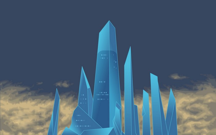 Abstract blue crystalline structures against a dark sky