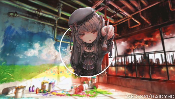 Anime girl with paintbrush in a circular frame