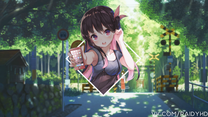 Anime girl holding a smartphone in front of a railroad crossing