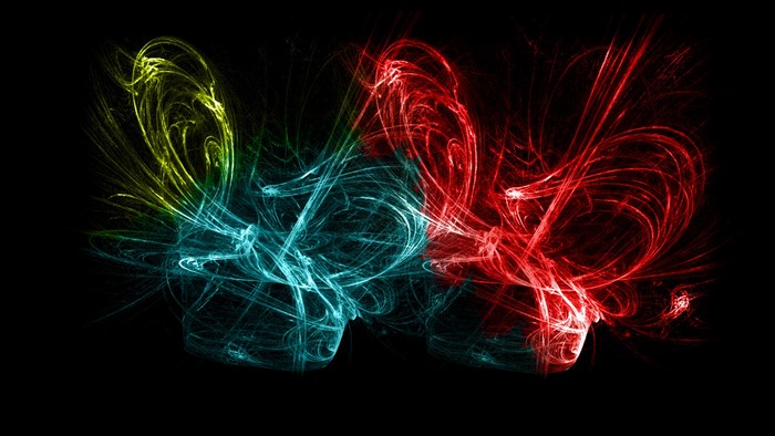 Abstract fractal art with yellow, blue, and red swirls