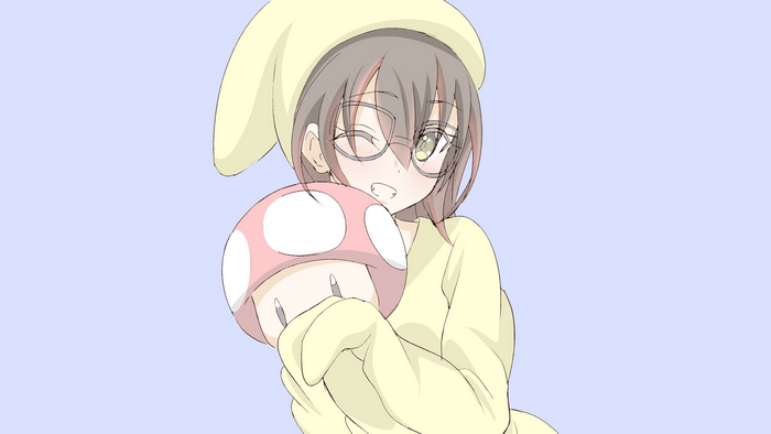 Girl in pajamas holding a mushroom from Super Mario Bros.