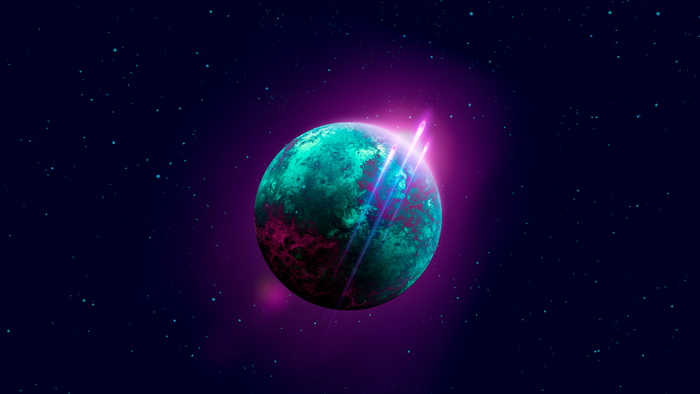 Planet with glowing streaks in space with stars