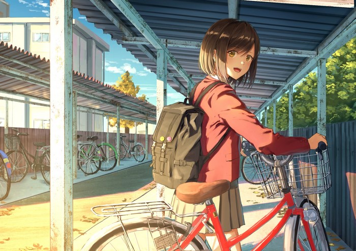 Anime girl with backpack and bicycle at school