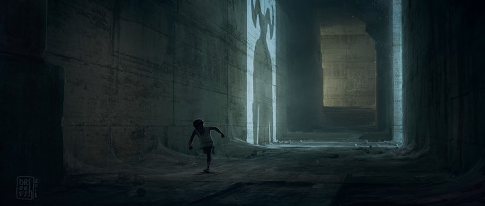 Child running in a dark concrete labyrinth with a shadow figure