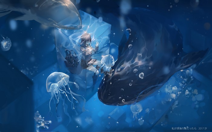 Anime girl trapped in ice with whales and jellyfish