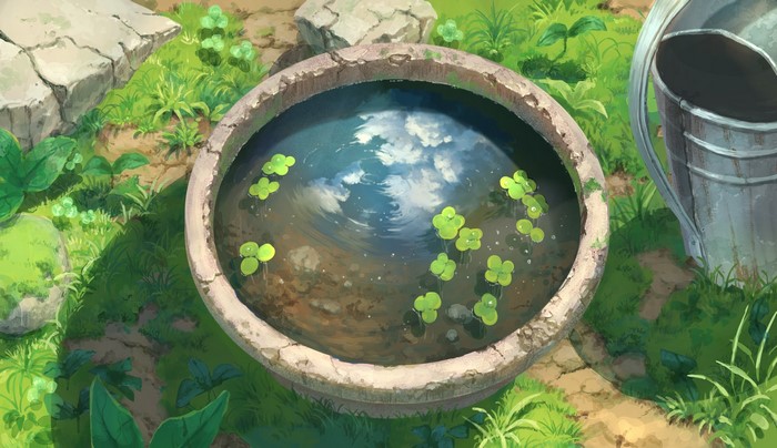Water basin with clover and reflection