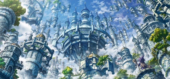 Fantasy floating city with castles and a witch