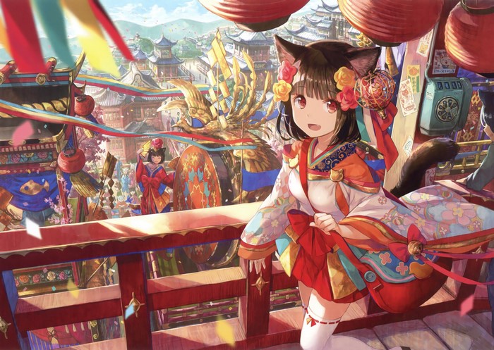 Anime girl with cat ears at a festival
