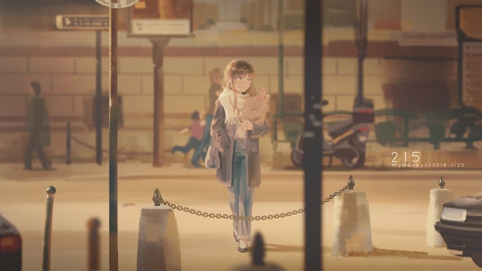 Anime girl walking on a street with groceries