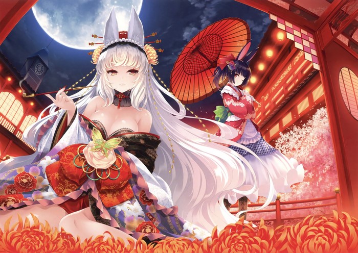 Anime girls in kimonos with bunny ears and umbrellas