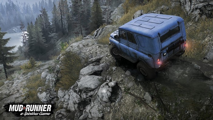 MudRunner game art with a blue UAZ vehicle