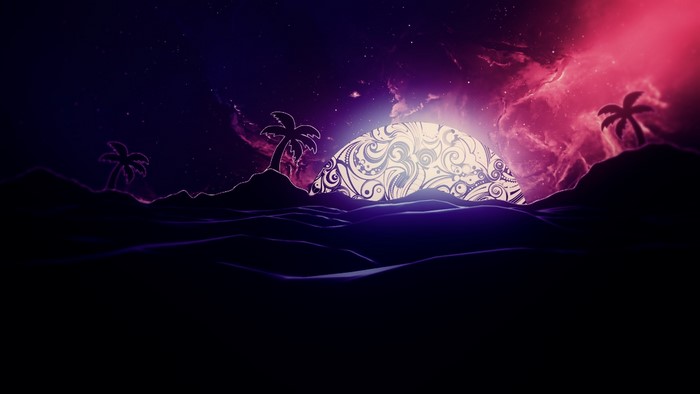 Stylized sun over a dark, wavy landscape with palm trees