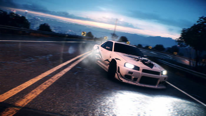 Nissan Skyline GT-R R34 drifting at dusk