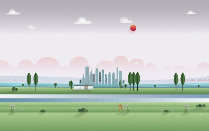 Digital art cityscape with river and sun