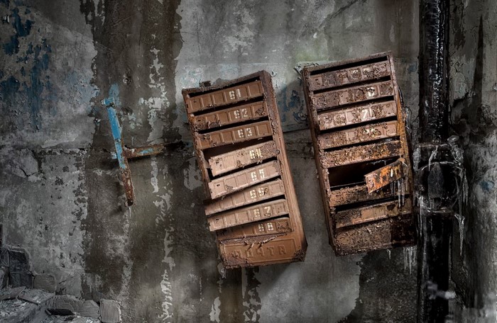Abandoned mailboxes in a derelict building