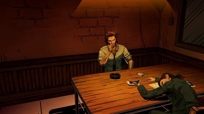 Bigby Wolf from The Wolf Among Us smoking in an interrogation room