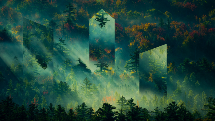 Geometric shapes superimposed on a misty forest with fall colors