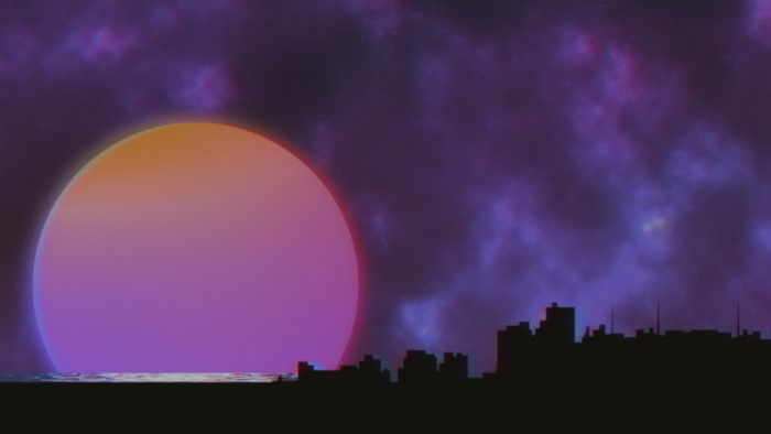 Retrowave cityscape with a large neon sun over the ocean