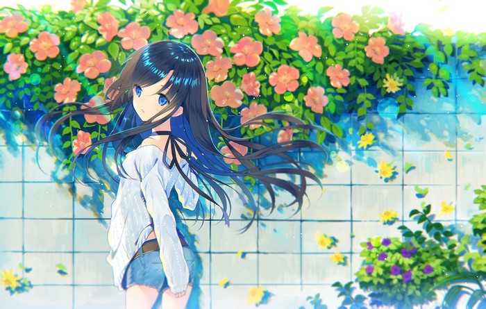 Anime girl with long black hair and blue eyes