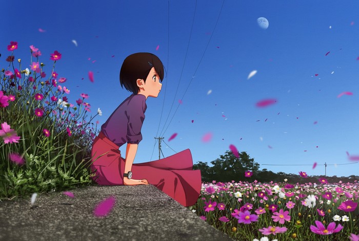 Anime girl sitting in a field of flowers