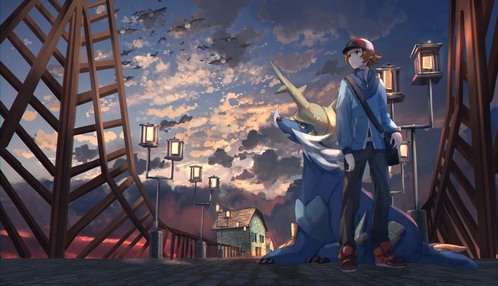 Pokémon Trainer and Samurott on a Bridge at Sunset