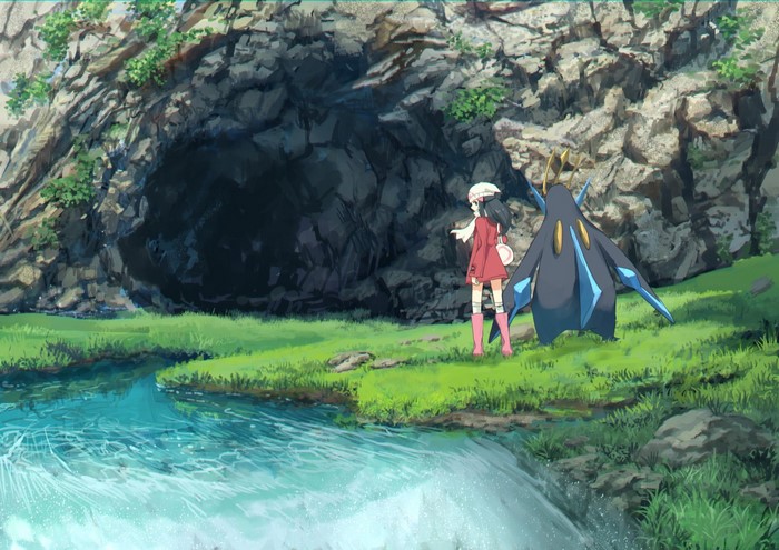 Hikari and Empoleon by a Cave Entrance