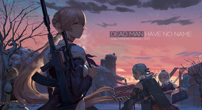 Girls Frontline characters with guns at sunset