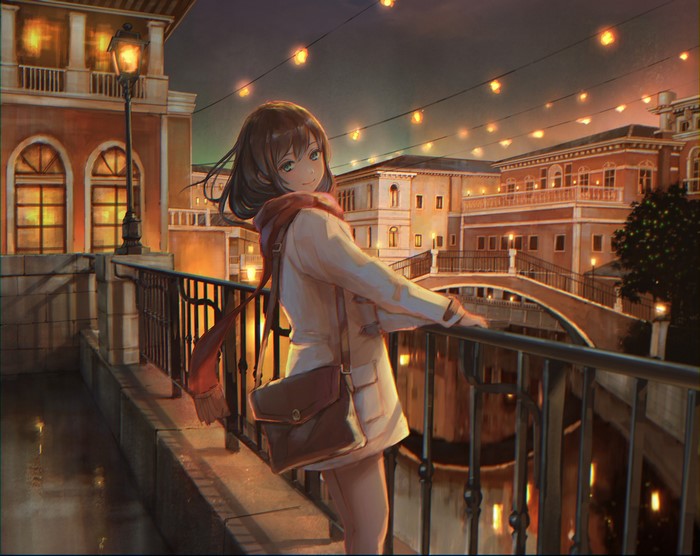 Anime girl with scarf and handbag on a city street at night