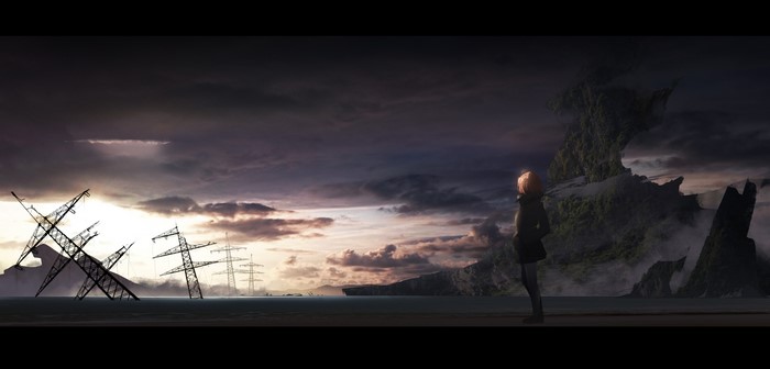 Anime girl in a post-apocalyptic landscape with power lines