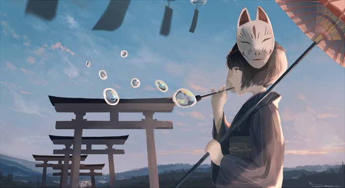 Girl in Kimono Blowing Bubbles with Fox Mask and Umbrella