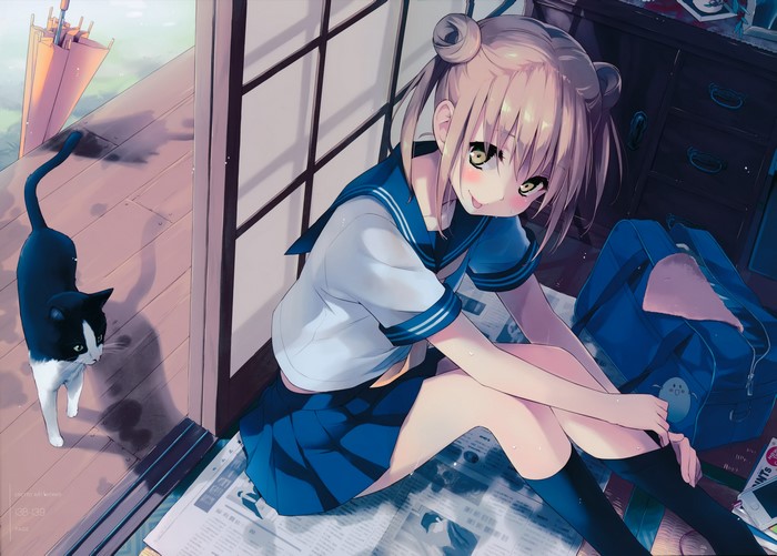 Anime schoolgirl with cat and umbrella