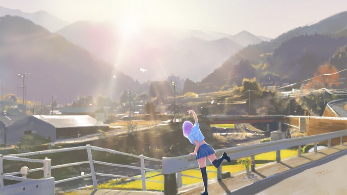 Anime girl with pink hair on a bridge overlooking a town