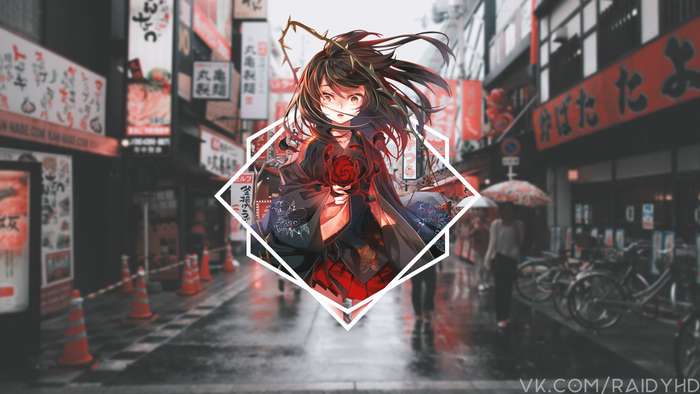 Anime girl with rose in Japanese street