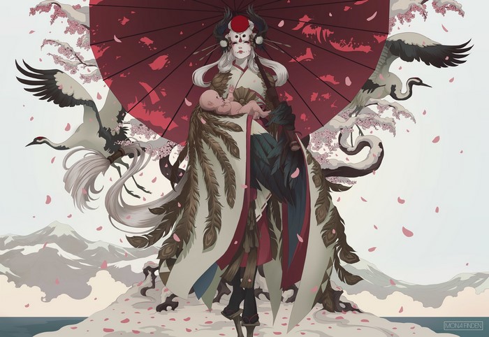 Woman with baby, cranes, and cherry blossoms by Mona Finden
