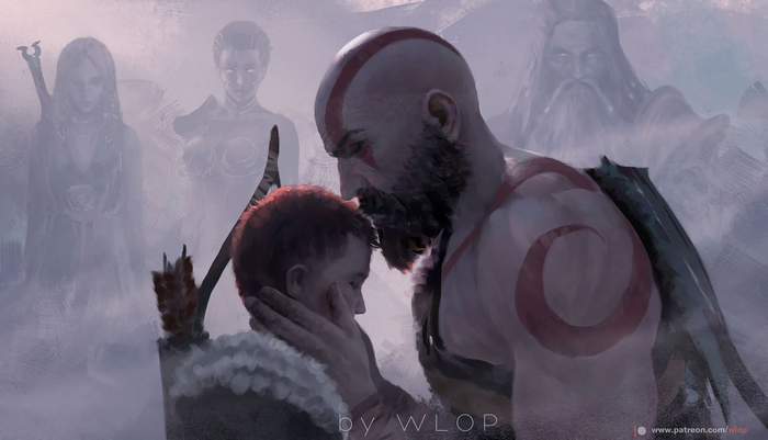 Kratos and Atreus from God of War with Freya, Athena, and Zeus