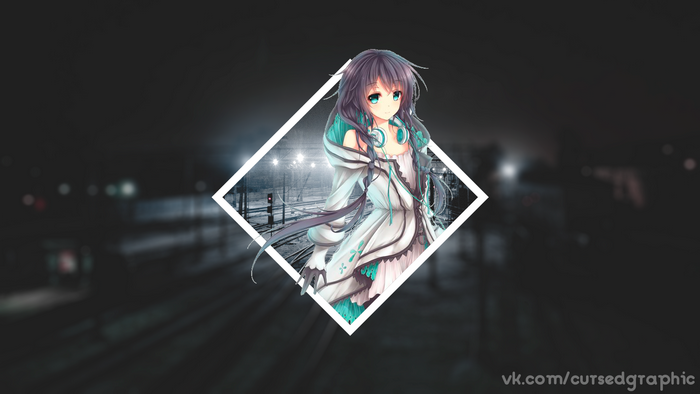 Anime girl with headphones on train tracks