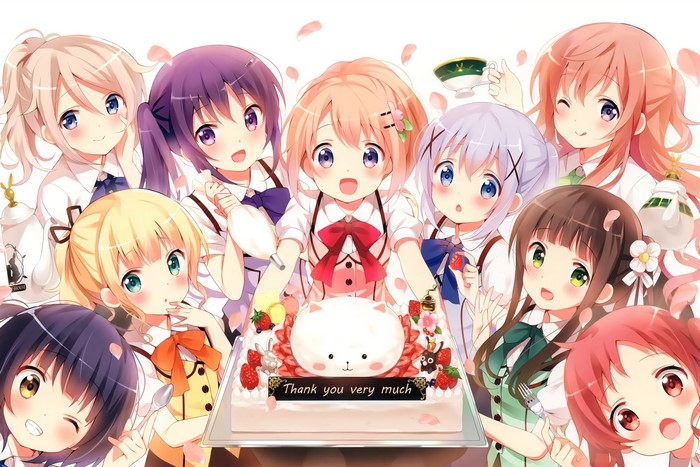 Anime girls from Gochuumon wa Usagi Desu ka? with a cake