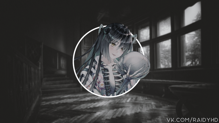Anime girl with skeleton holding a skull