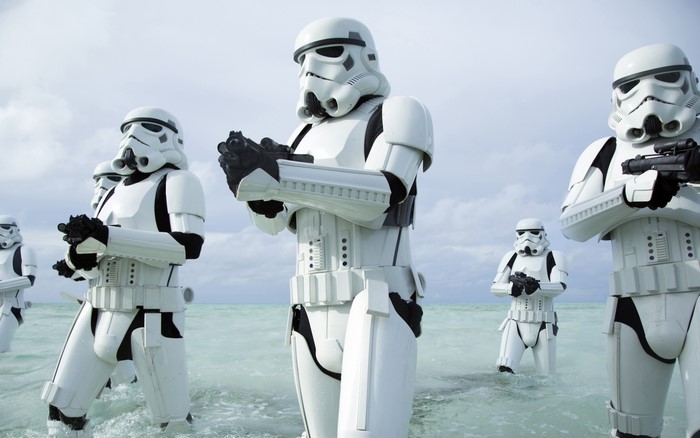 Stormtroopers from Rogue One: A Star Wars Story on a beach