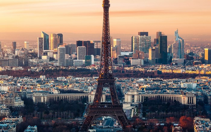 Eiffel Tower and Paris skyline at sunset