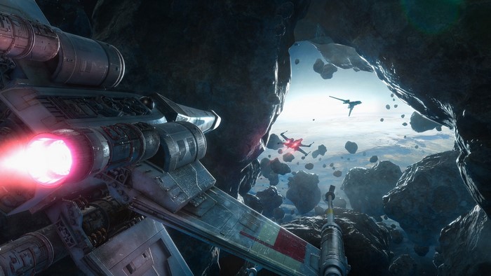 X-wing starfighter in Star Wars: Battlefront asteroid field