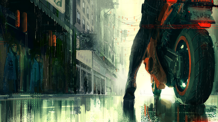 Cyberpunk street scene with motorcycle