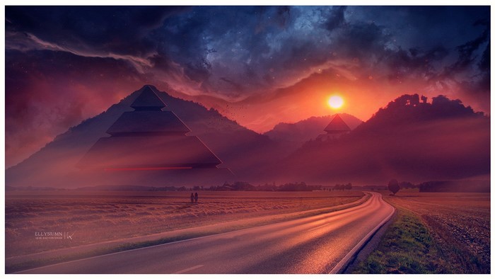 Digital art of pyramids in mist at sunset